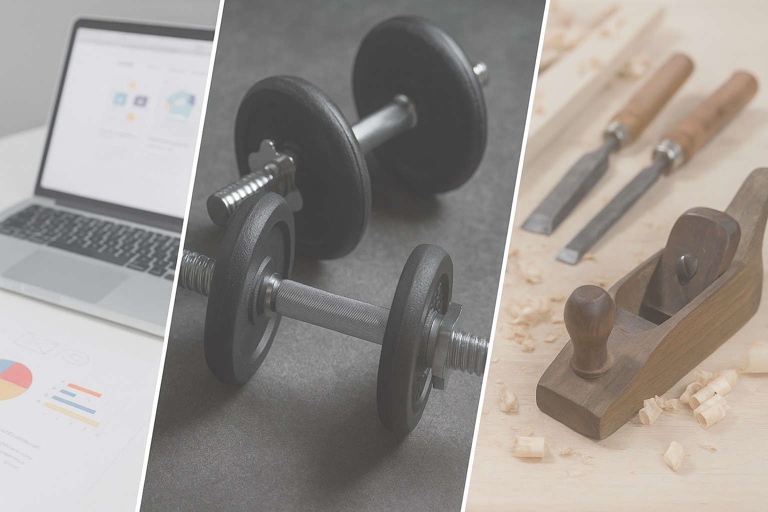 Collage of digital downloads, fitness, and woodworking tools